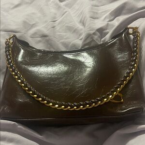 Sophisticated Dark Brown Shoulder Bag with Gold Chain